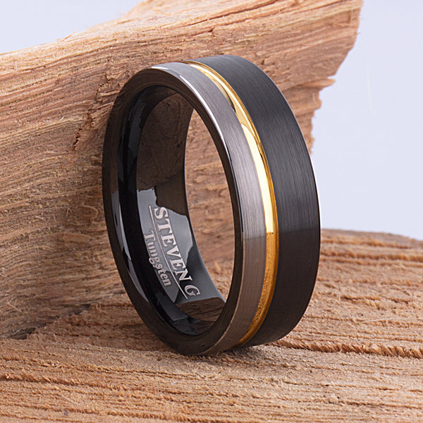 Tungsten Ring, Gold Ring, Yellow Gold Tungsten Ring, Mens Tungsten Ring, buying Tungsten Wedding Ring, Yellow Braid Inlay, Gray Ring, Mens Ring