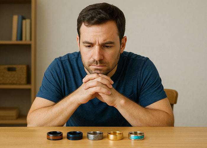 Man contemplating options while choosing a wedding band for your lifestyle.