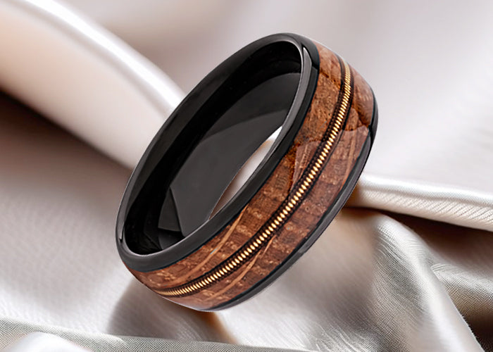 black tungsten wedding band with whiskey barrel and guitar string inlay promise ring for men or women