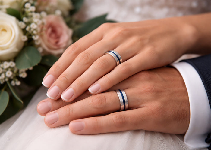 Matching tungsten wedding bands for the bride and groom.