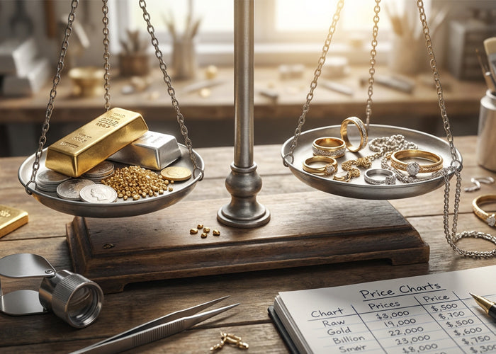 Silver and gold weighed on a scale to determine prices