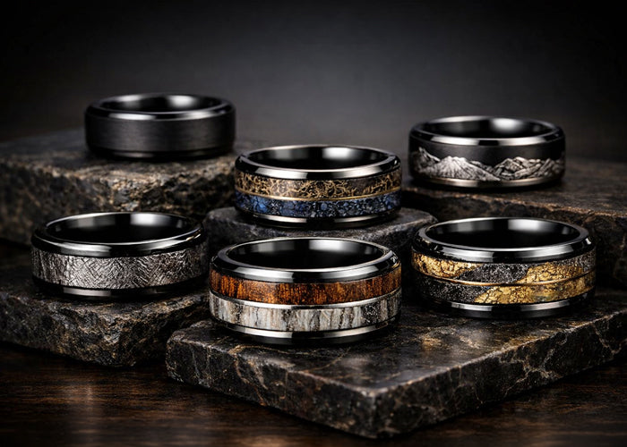 Unique tungsten wedding bands with meteorite, dinosaur bone, wood and abalone inlays by Steven G Designs