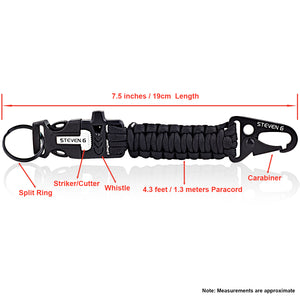 Steven G Paracord Carabiner Survival Keychain with Firestarter and Whistle - (pack of 2) PCKC062BKAG