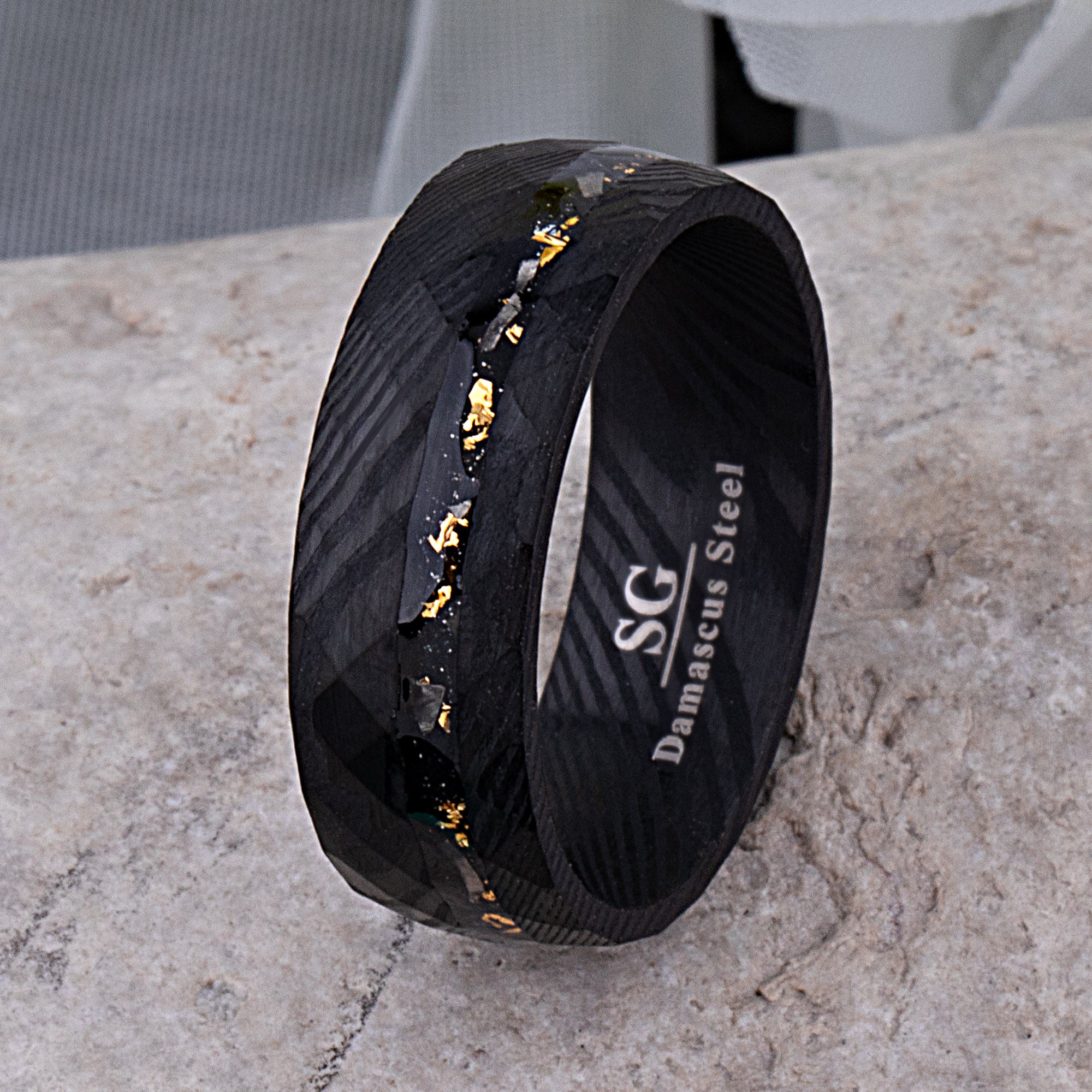 Black Damascus Meteorite Men's Wedding Band with Gold Leaf