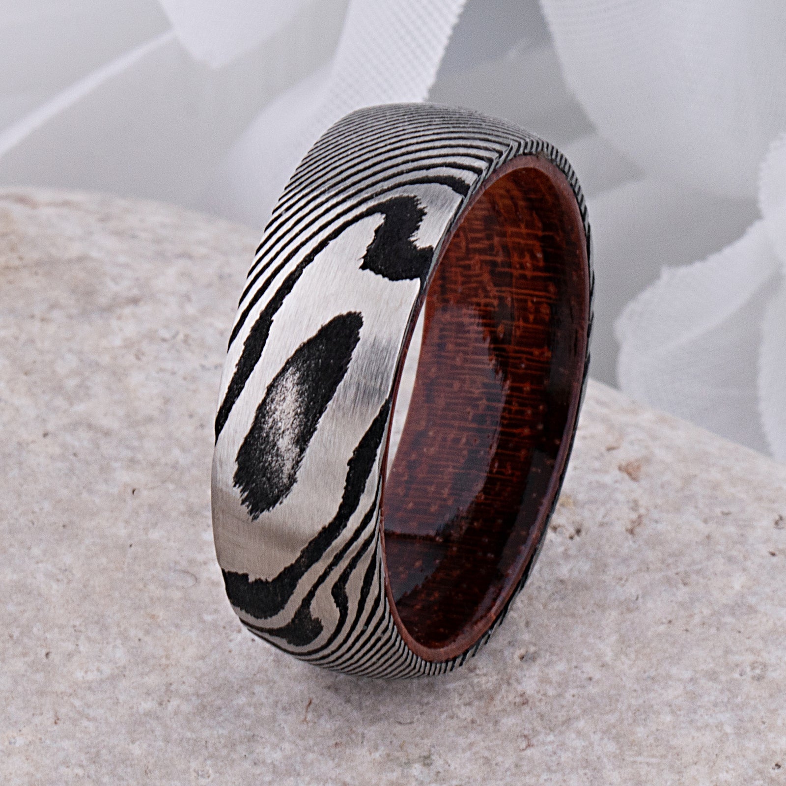 Damascus steel men’s 8mm wide wedding band with red padauk wood interior promise ring for him