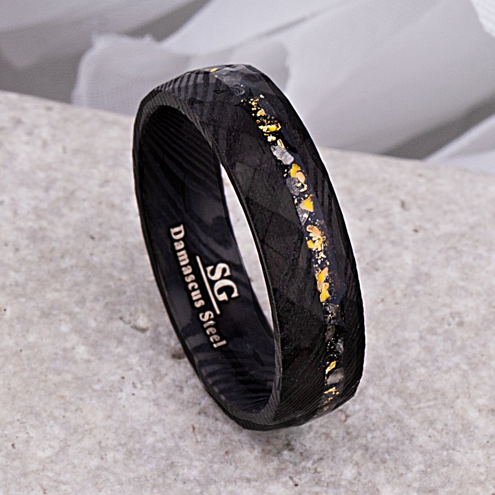 Black Damascus steel wedding band with meteorite gold leaf and sandstone 6mm wide engagement ring for boyfriend husband