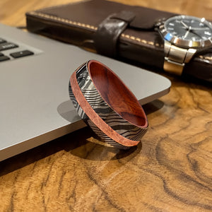 Damascus Steel Men's Wedding Ring with Iron Wood Interior and Copper Inlay - 8mm Width - DSR005