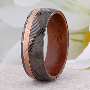 Damascus Steel Men's Wedding Ring with Iron Wood Interior and Copper Inlay - 8mm Width - DSR005