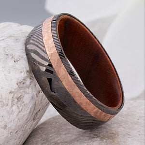 Damascus Steel Men's Wedding Ring with Iron Wood Interior and Copper Inlay - 8mm Width - DSR005