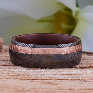 Damascus Steel Men's Wedding Ring with Iron Wood Interior and Copper Inlay - 8mm Width - DSR005