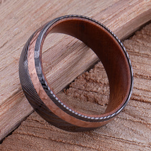 Damascus Steel Men's Wedding Ring with Iron Wood Interior and Copper Inlay - 8mm Width - DSR005