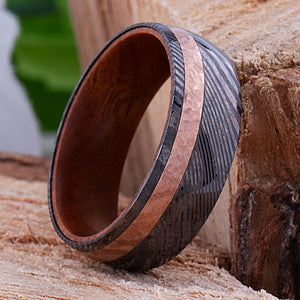 Damascus Steel Men's Wedding Ring with Iron Wood Interior and Copper Inlay - 8mm Width - DSR005