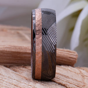 Damascus Steel Men's Wedding Ring with Iron Wood Interior and Copper Inlay - 8mm Width - DSR005