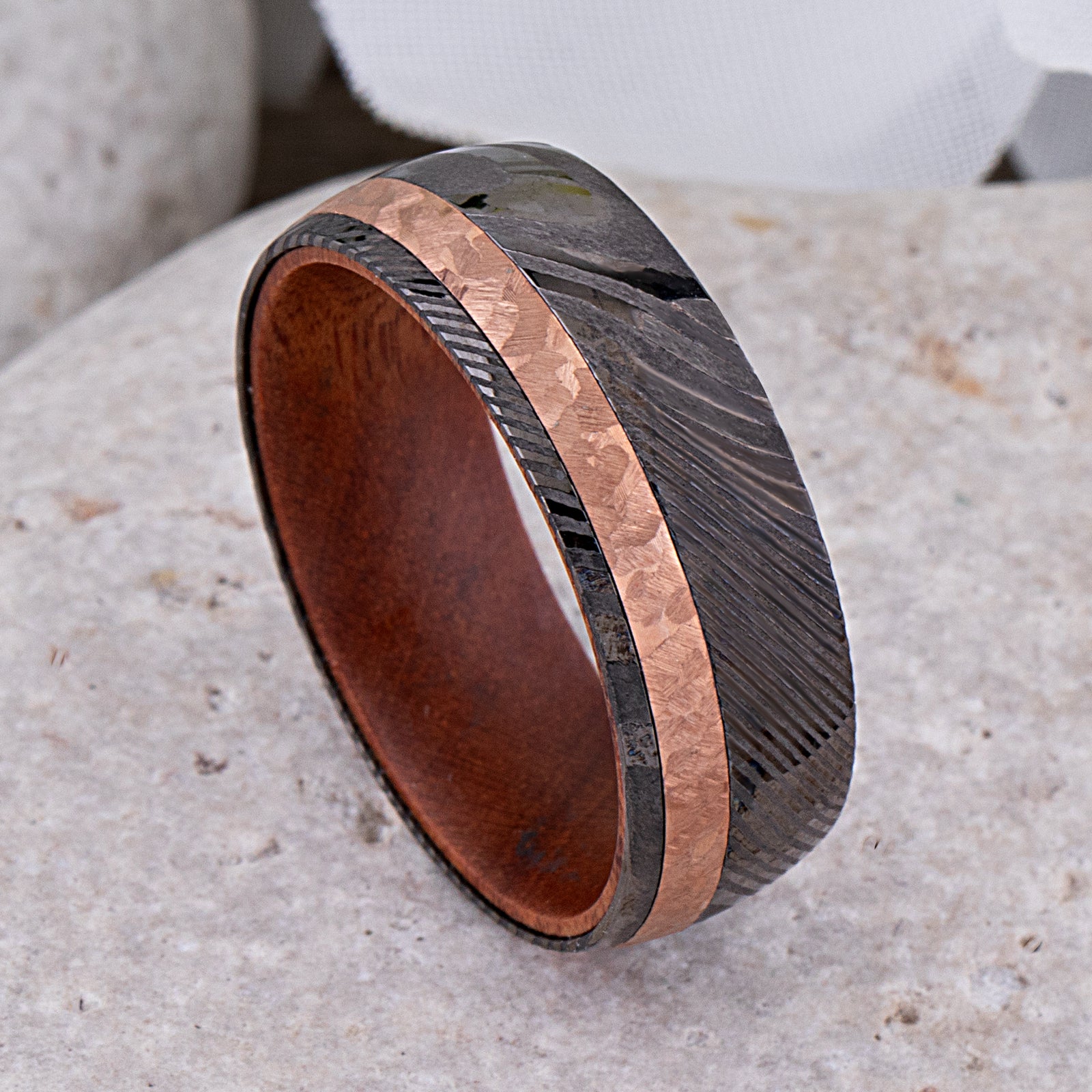 Damascus Steel Men's Wedding Ring with Iron Wood Interior and Copper Inlay