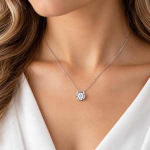 Sterling Silver Solitaire Round Pendant Necklace with Cubic Zirconia - 16"+2" Extension - NTZ331