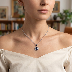 Sterling Silver Evil Eye Pendant Necklace with Cubic Zirconia - 16"+2" Extension