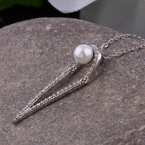 Sterling Silver Pearl Pendant Necklace with Cubic Zirconia - 16"+2" Extension