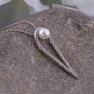 Sterling Silver Pearl Pendant Necklace with Cubic Zirconia - 16"+2" Extension