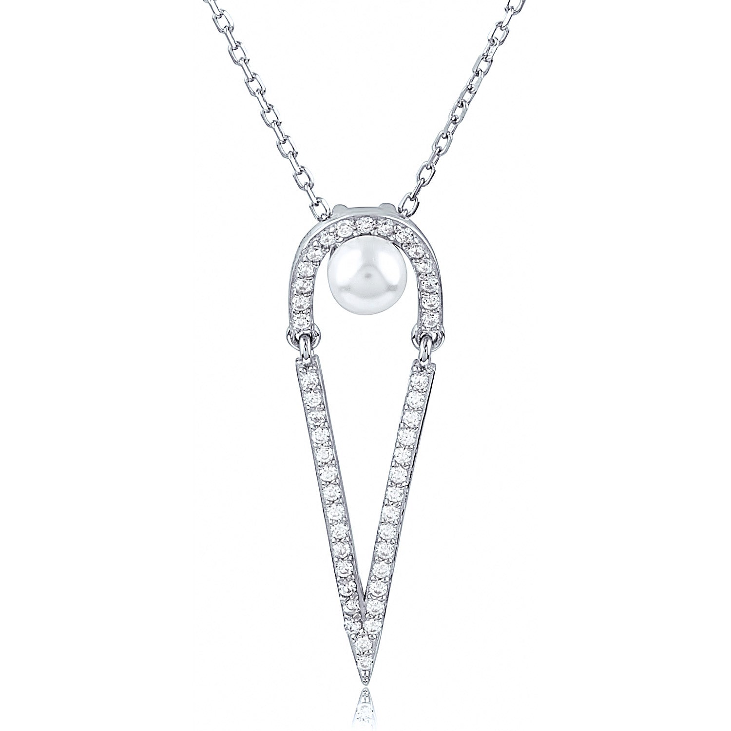 Sterling Silver Pearl Pendant Necklace with Cubic Zirconia - 16"+2" Extension - NPZ007