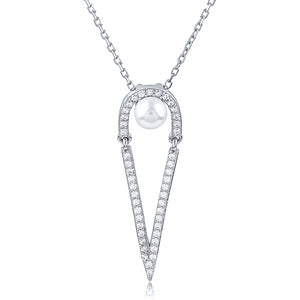 Sterling Silver Pearl Pendant Necklace with Cubic Zirconia - 16"+2" Extension