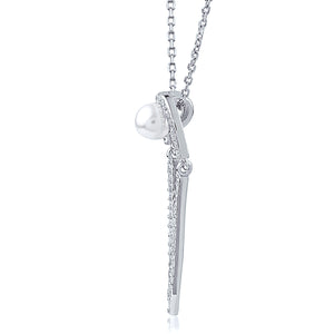 Sterling Silver Pearl Pendant Necklace with Cubic Zirconia - 16"+2" Extension
