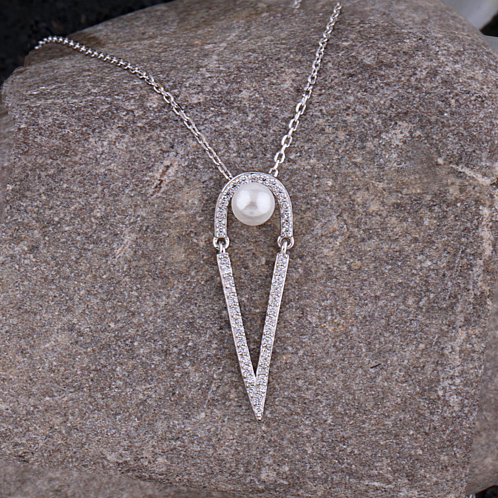 Sterling Silver Pearl Pendant Necklace with Cubic Zirconia - 16"+2" Extension