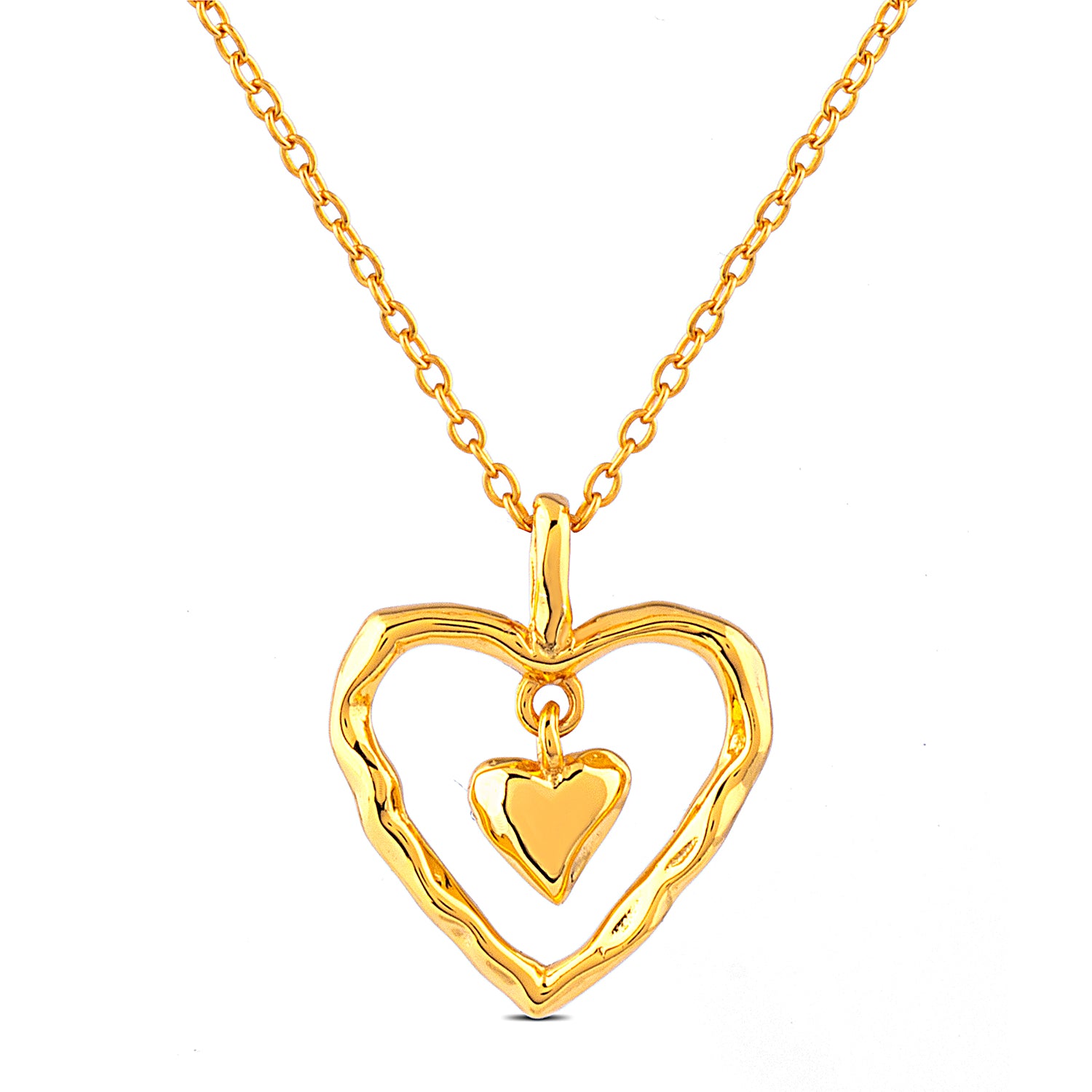 Yellow Gold Sterling Silver Double Heart Pendant Necklace - 16"+2" Extension - NTHP016YG