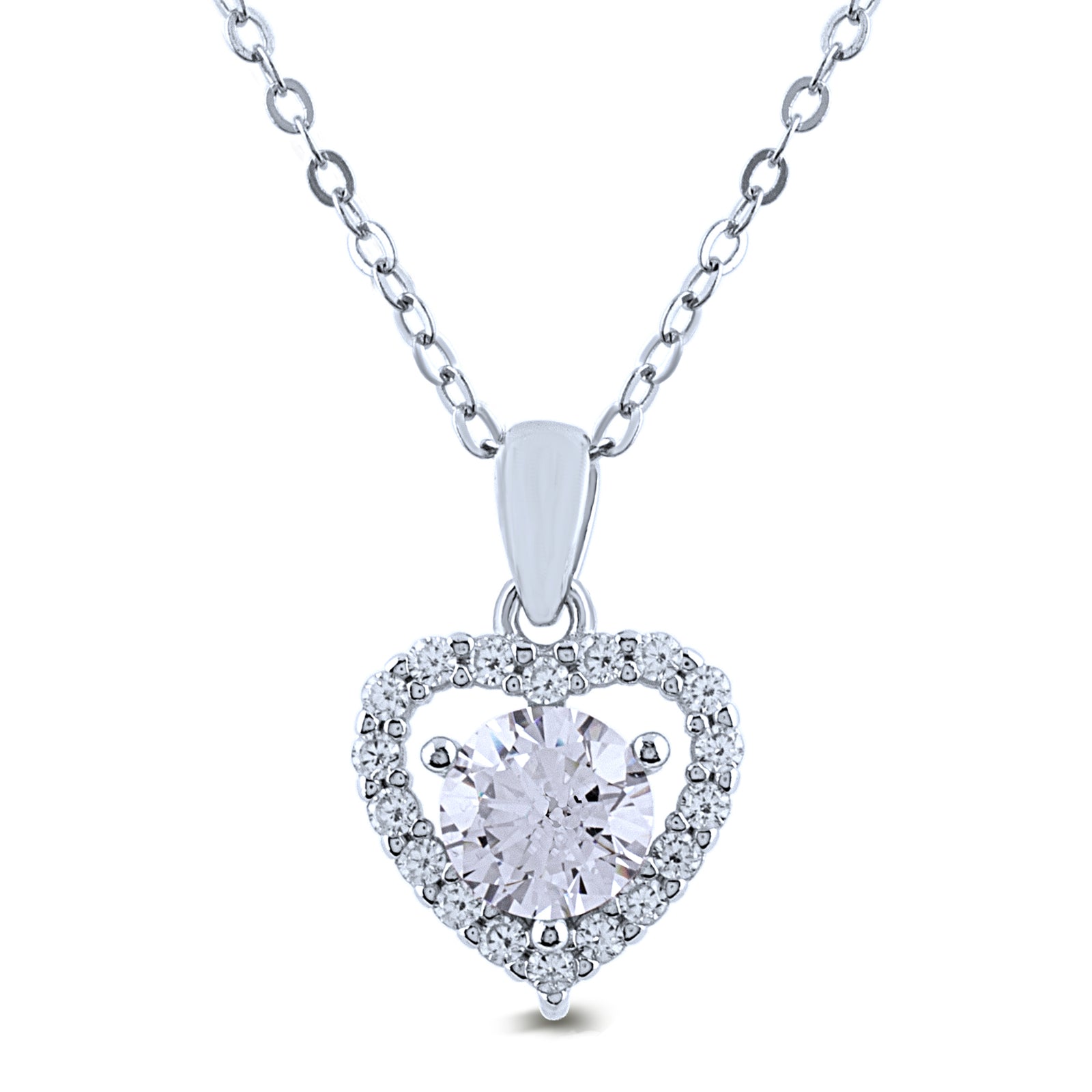Sterling Silver Heart Pendant Necklace with Cubic Zirconia - 16"+2" Extension - NTHZ019