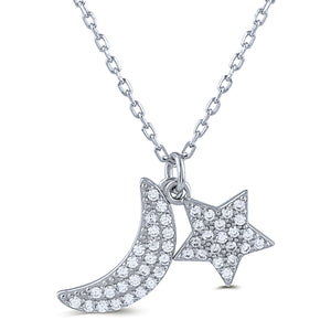Sterling Silver Moon & Star Necklace with Cubic Zirconia - 16"+2" Extension