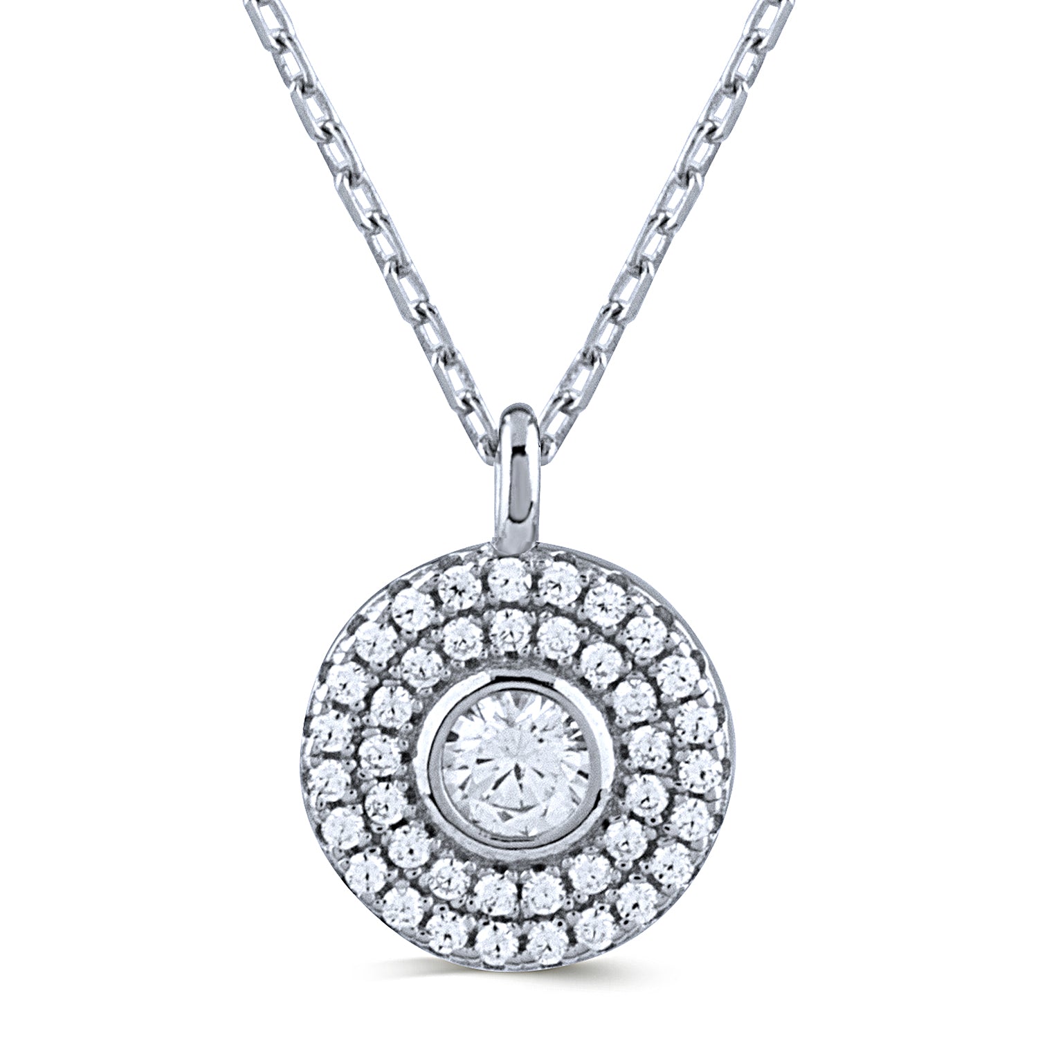 Sterling Silver Shimmering Halo Pendant Necklace with Cubic Zirconia - 16"+2" Extension - NTZ315