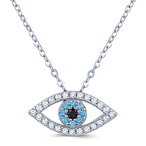 Sterling Silver Evil Eye Pendant Necklace with Cubic Zirconia - 16"+2" Extension - NTZ317