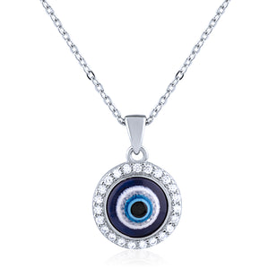 Sterling Silver Evil Eye Pendant Necklace with Cubic Zirconia - 16"+2" Extension