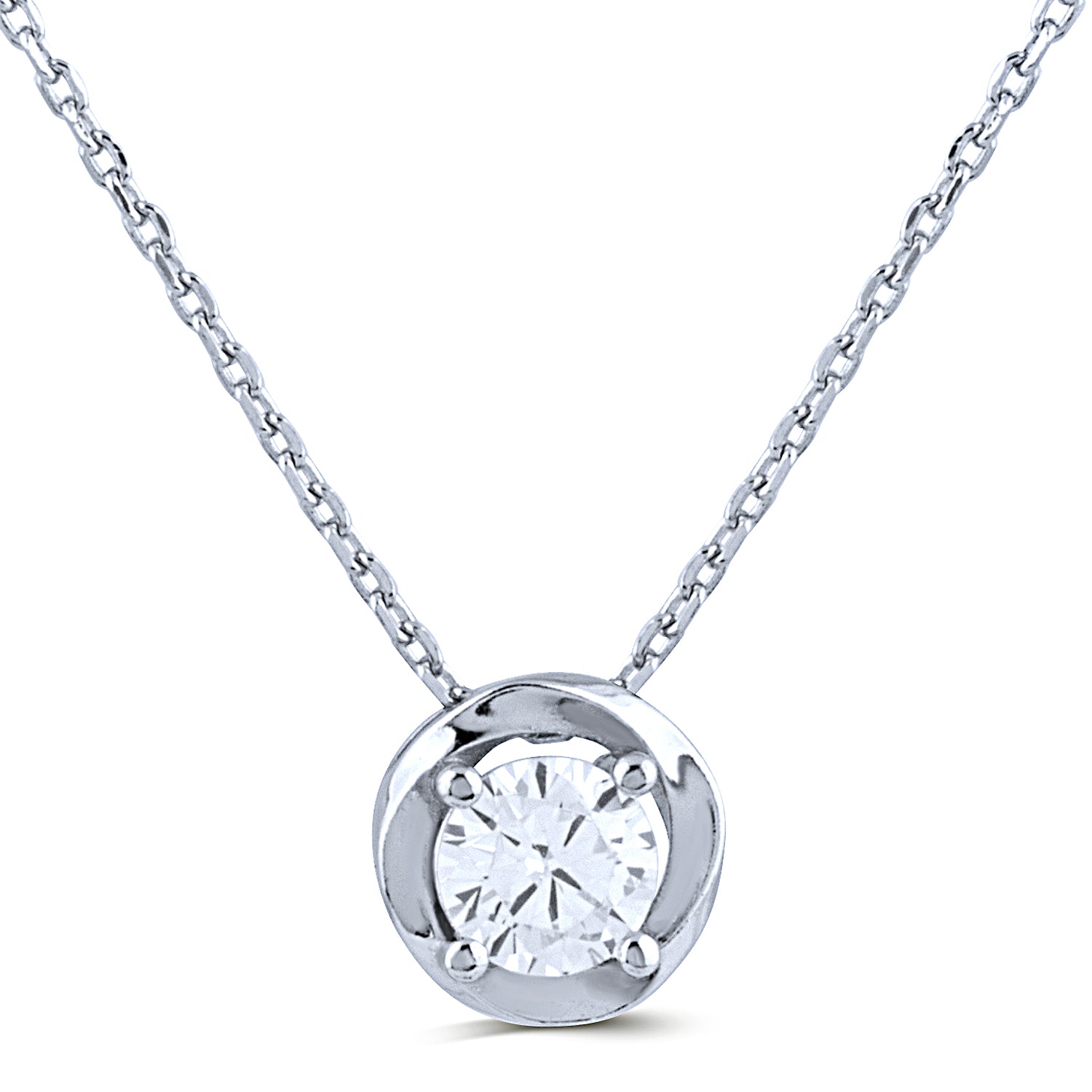 Sterling Silver Solitaire Round Pendant Necklace with Cubic Zirconia - 16"+2" Extension - NTZ331