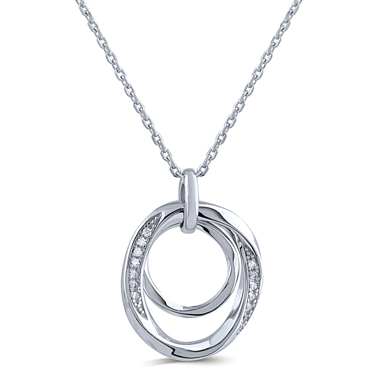 Sterling Silver Double Circle Pendant Necklace with Cubic Zirconia - 16"+2" Extension - NTZ332