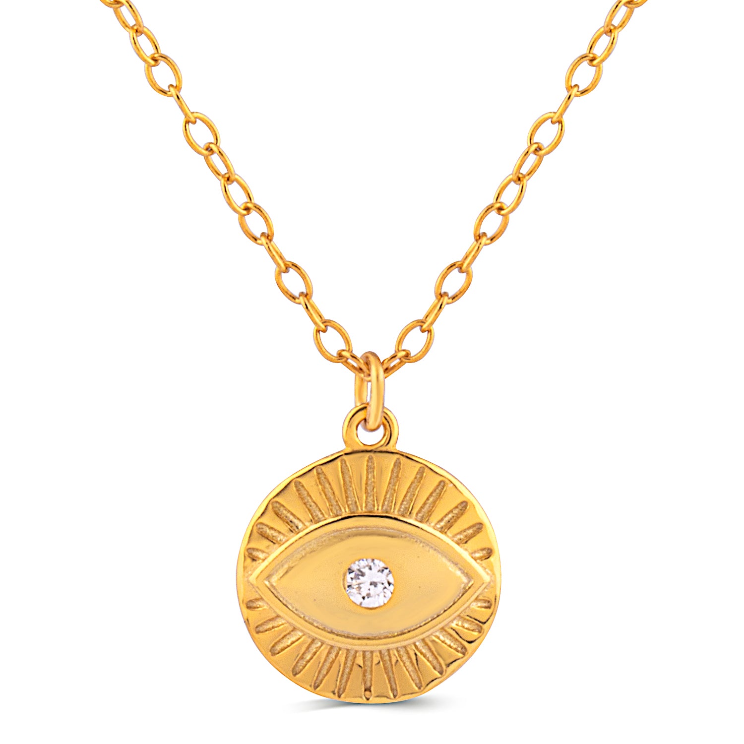 Yellow Gold Sterling Silver Evil Eye Pendant Necklace with Cubic Zirconia - 16"+2" Extension - NTZ335YG