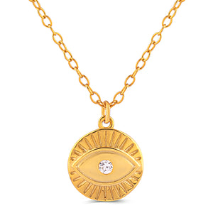 Yellow Gold Sterling Silver Evil Eye Pendant Necklace with Cubic Zirconia - 16"+2" Extension - NTZ335YG