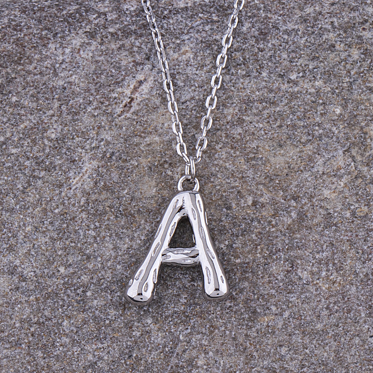 Sterling Silver Initial 'A' Pendant Necklace: Rhodium Plated - 16"+1.5" Extension - PIP001-A