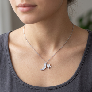 Sterling Silver Moon & Star Necklace with Cubic Zirconia - 16"+2" Extension