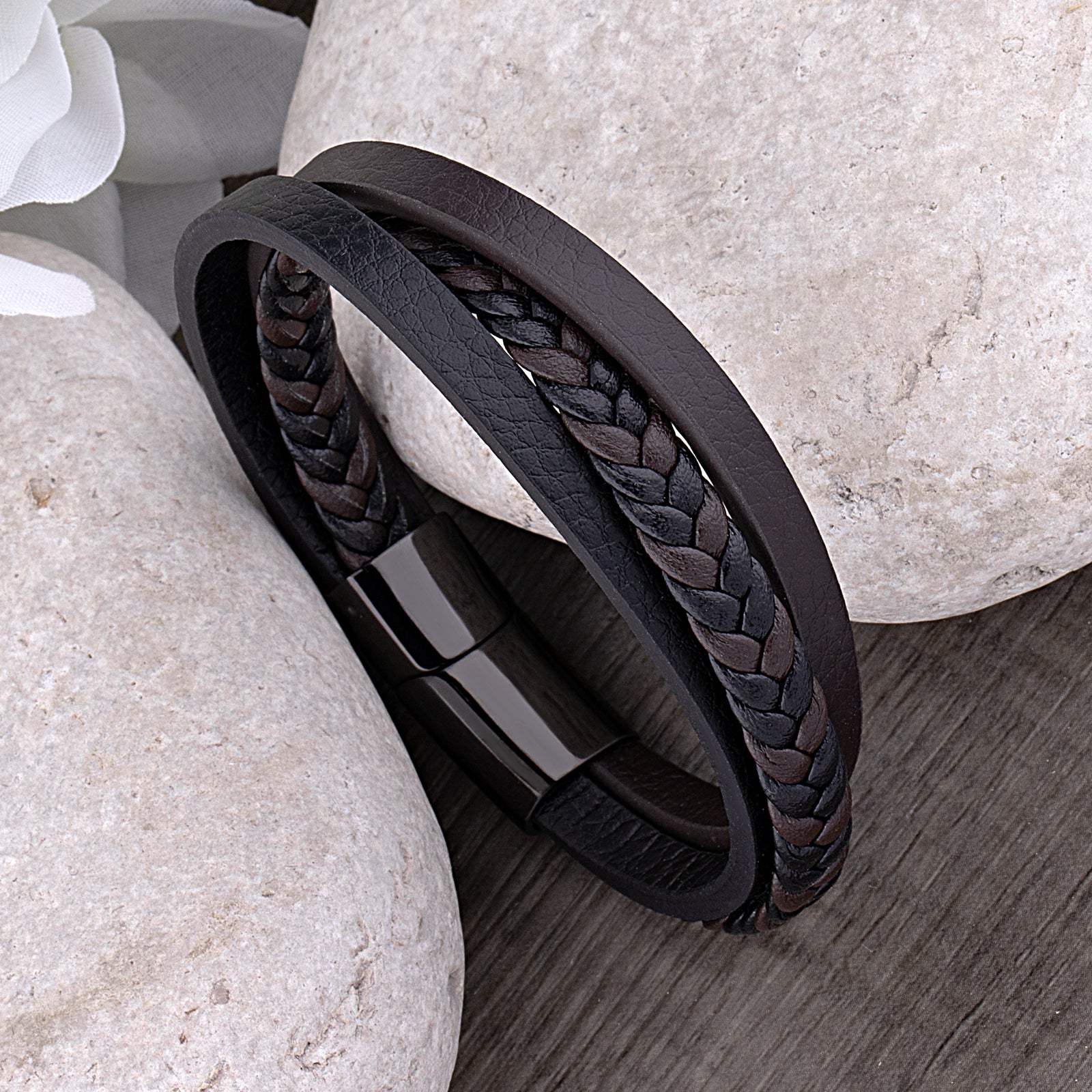 Men's Stainless Steel Black with Brown Braided Leather Bracelet