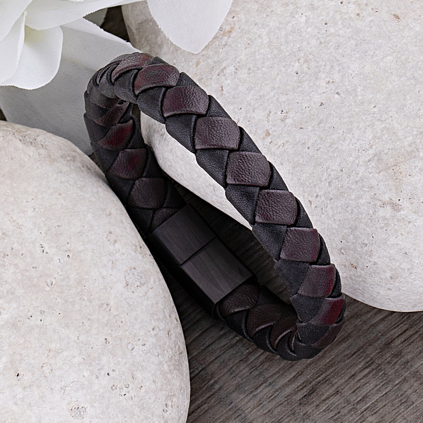 Men's Stainless Steel Black with Brown Braided Leather Bracelet