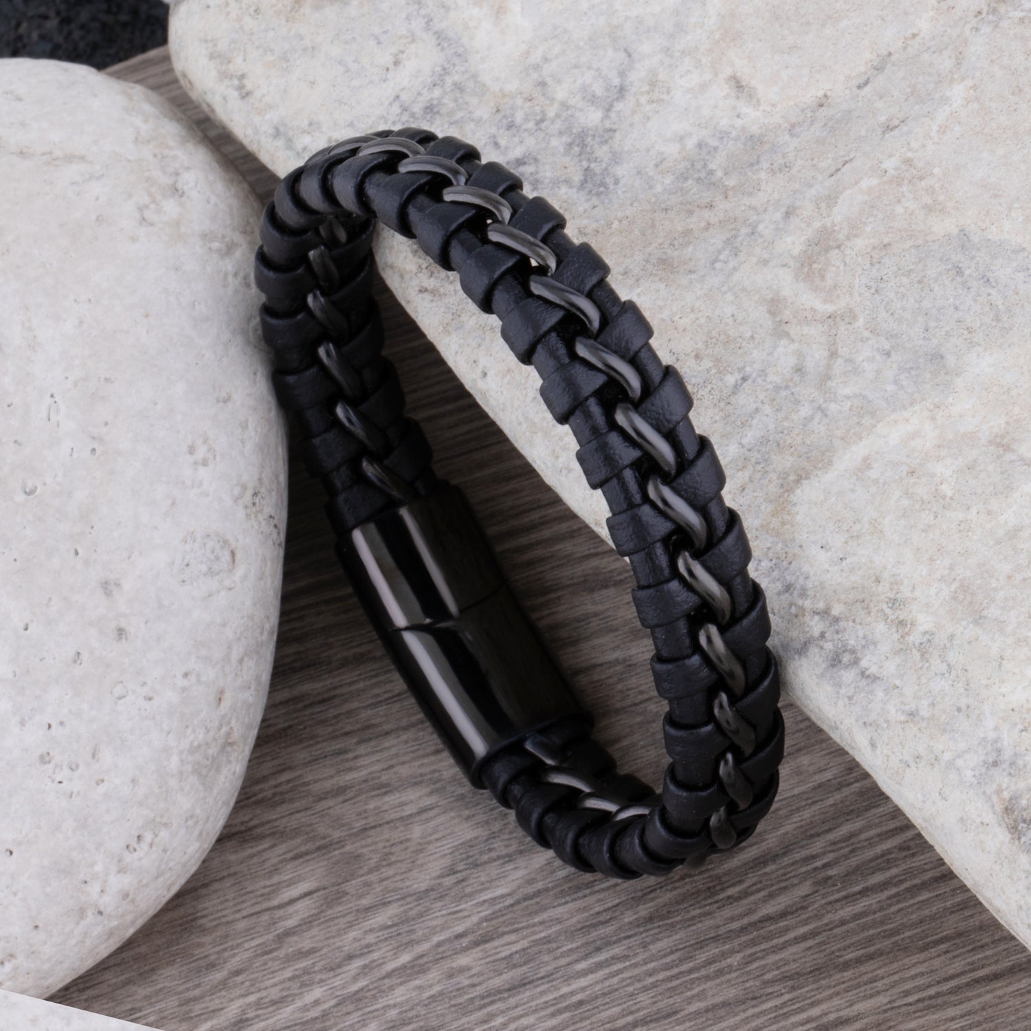 Black Stainless Steel & Braided Leather Men's Bracelet