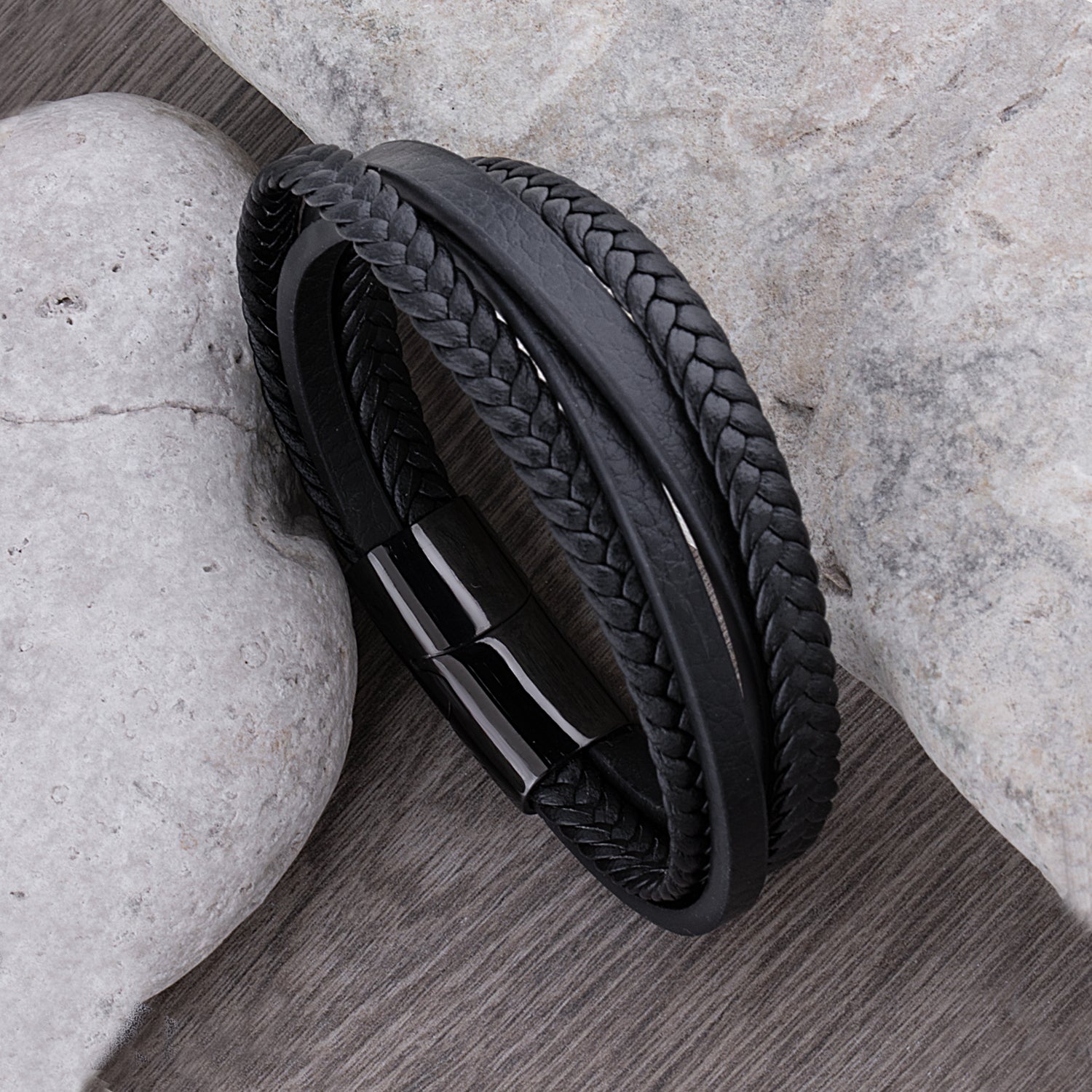 Stainless Steel Black Multi-Strand Men's Braided Leather Bracelet