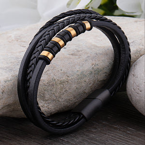 Black and Gold Stainless Steel & Multi-Strand Leather Men's Bracelet - SSLB020