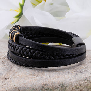 Black and Gold Stainless Steel & Multi-Strand Leather Men's Bracelet - SSLB020