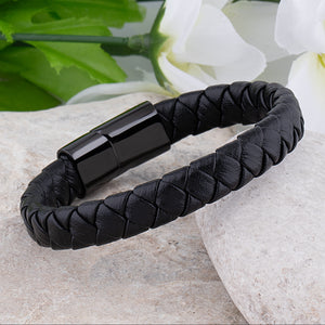 Men's Black Stainless Steel & Braided Leather Bracelet - SSLB021