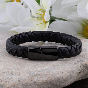 Men's Black Stainless Steel & Braided Leather Bracelet - SSLB021