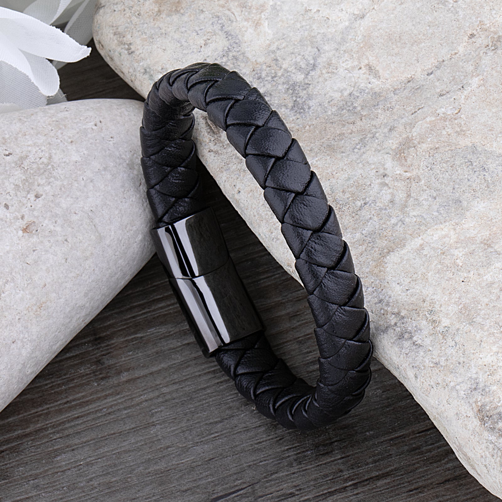 Men's Black Stainless Steel & Braided Leather Bracelet