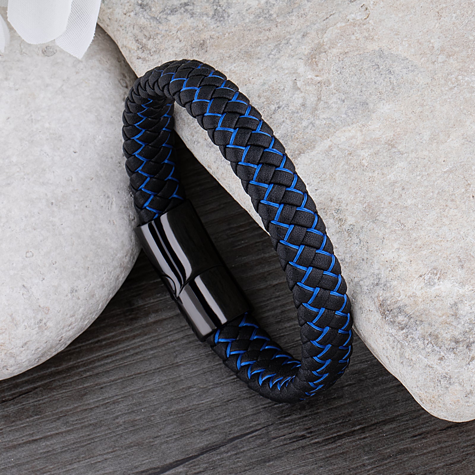 Men's Stainless Steel Bracelet with Black and Blue Braided Leather