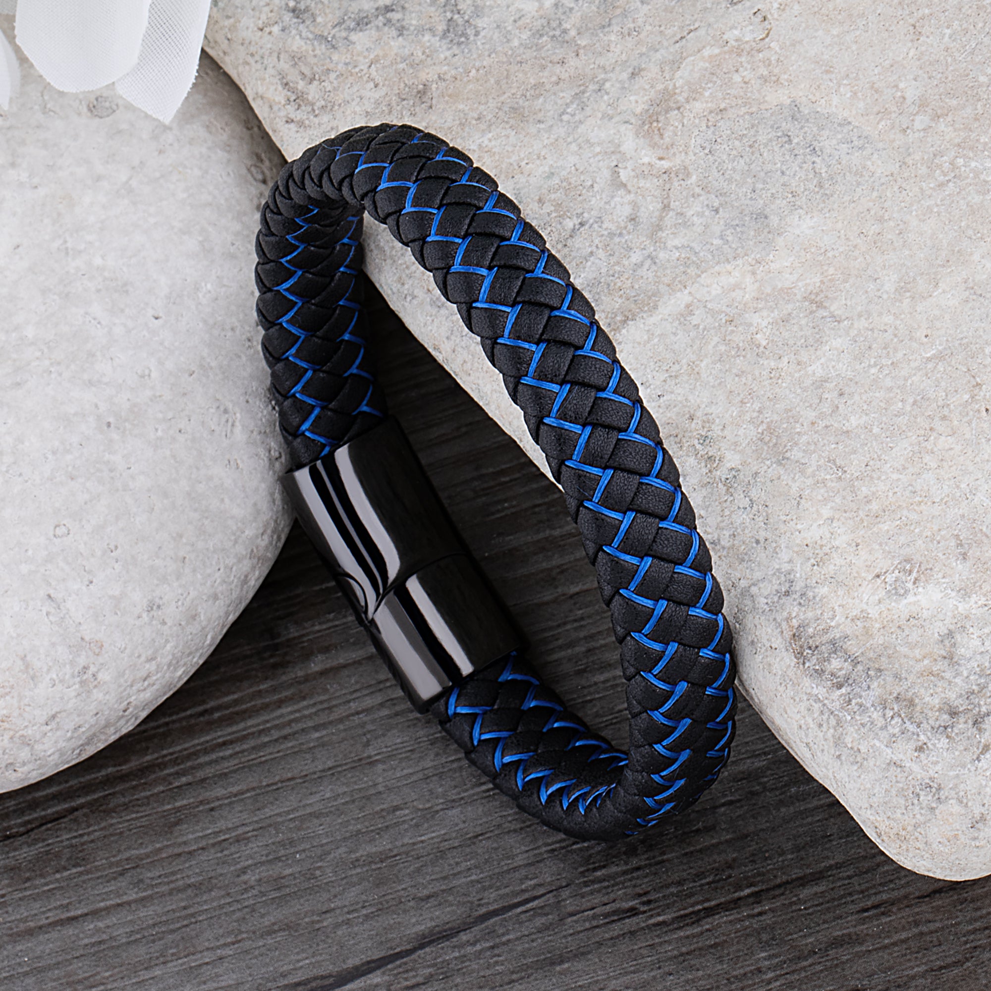 Men's Stainless Steel Bracelet with Black and Blue Braided Leather - SSLB022