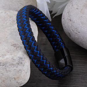 Men's Stainless Steel Bracelet with Black and Blue Braided Leather - SSLB022